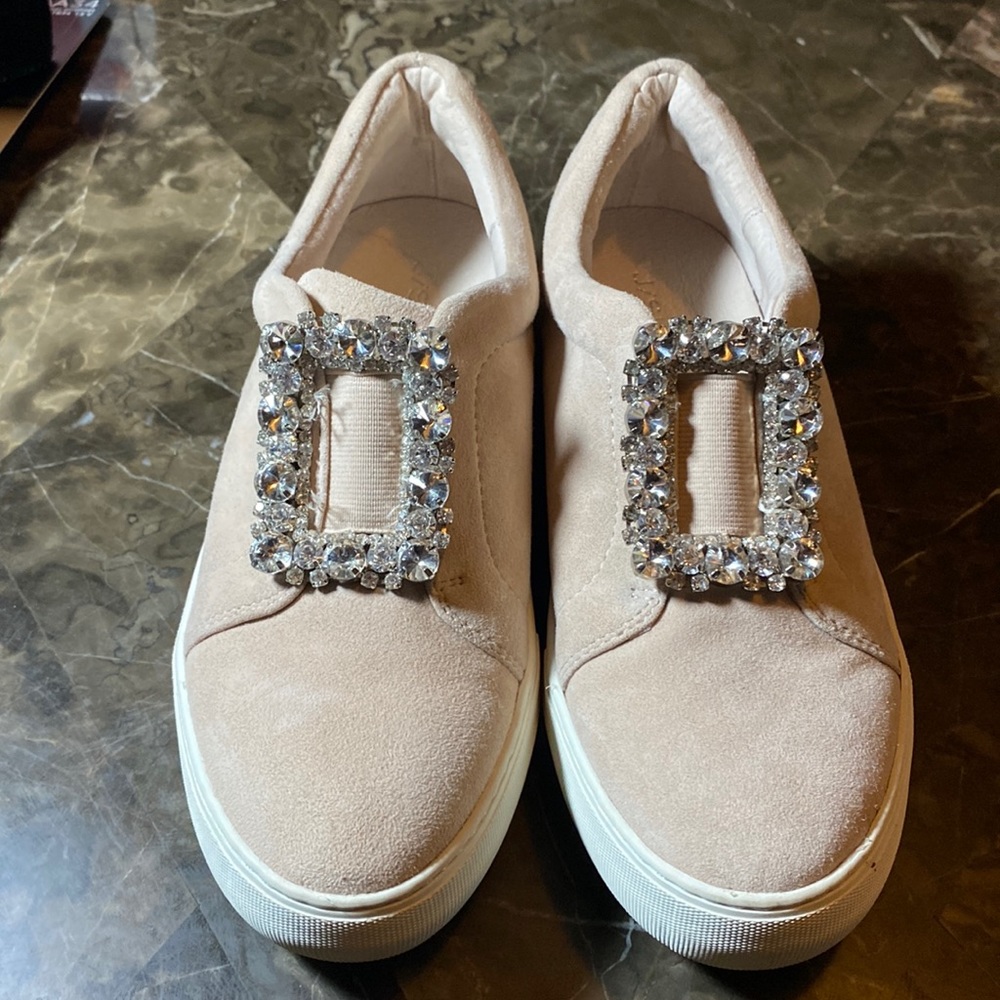 j slides NYC- leather uppers (suede outside) sneakers slide on w/ jewels. size 6